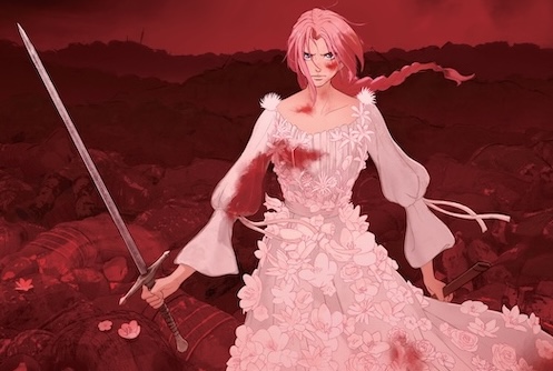 Image from the film Scarlet of a woman in a pink dress holding a sword